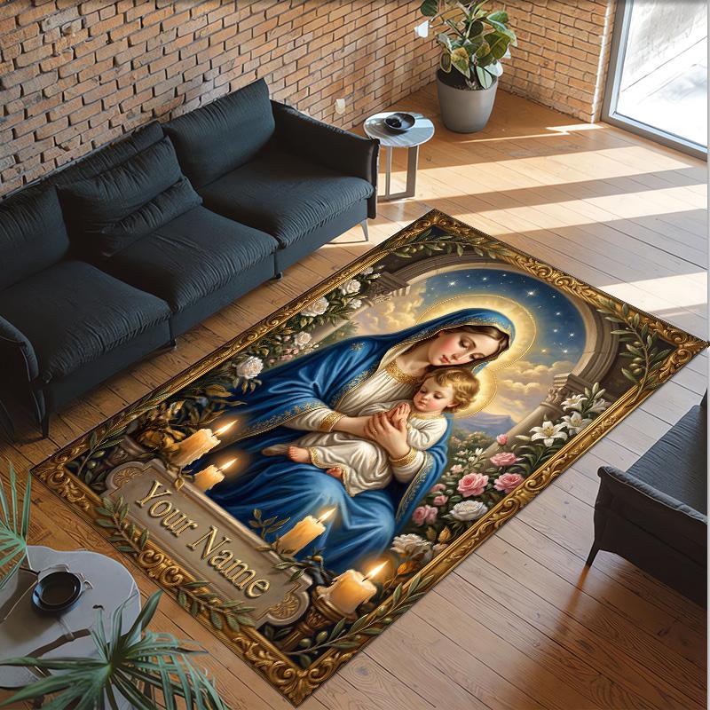 Virgin Mary Theme Crystal Velvet Rug Personalized Custom Name Text Soft Floor Mat Home Decor