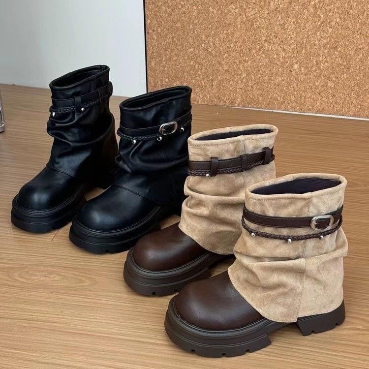Рукав Универсальный Черный Дизайн Короткие Сапоги Женские Осень Пряжка Сапоги Мартинсы Мода Улучшает Толстая Подошва