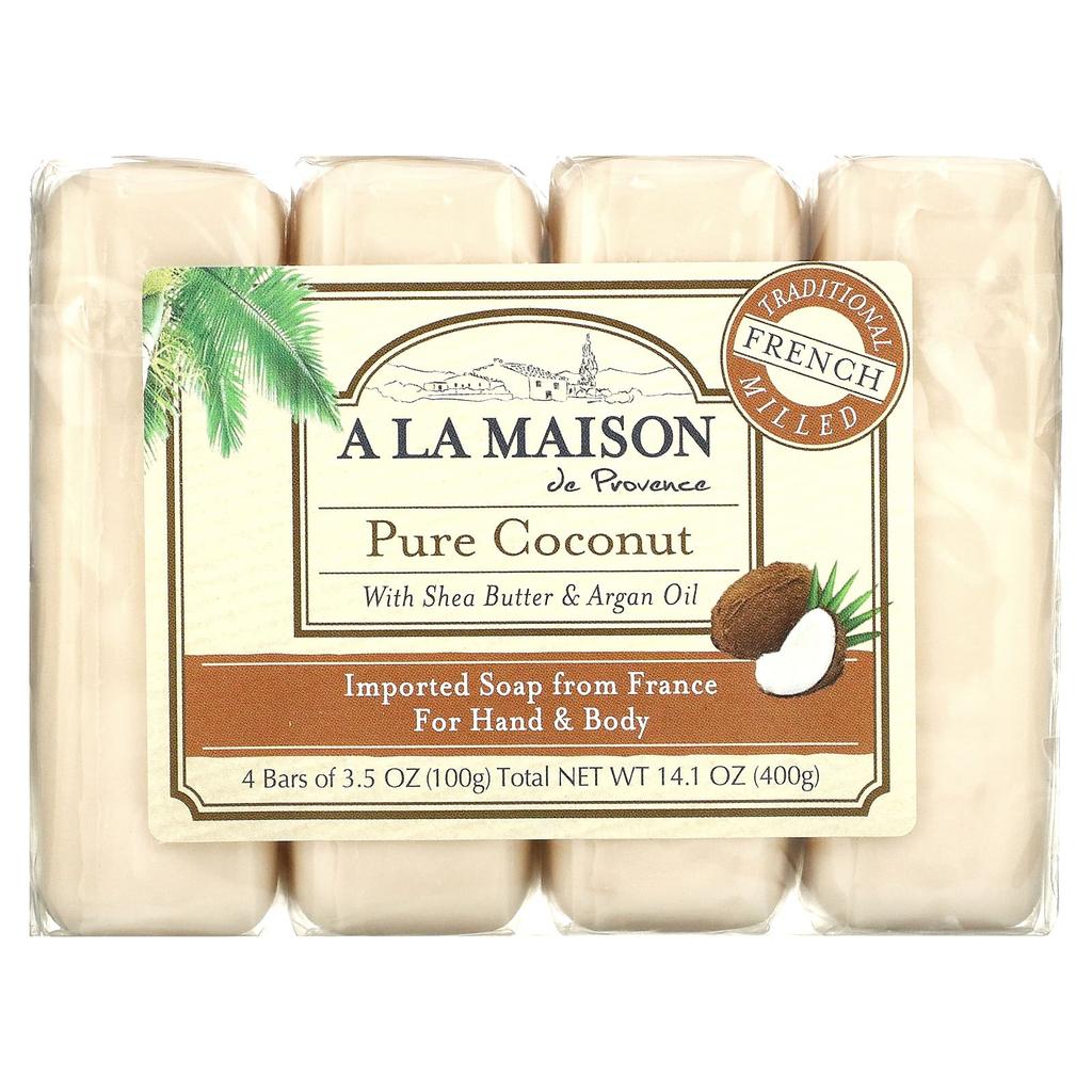A La Maison de Provence Мыло для рук и тела, чистый кокос, 4 упаковки по 3,5 унции каждая