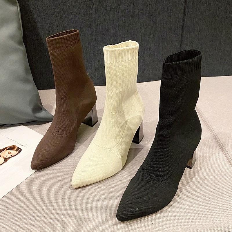 Модные эластичные вязаные дышащие ботильоны женские весенне-осенние с острым носком, универсальный блочный каблук, высокий каблук, облегающие сапоги