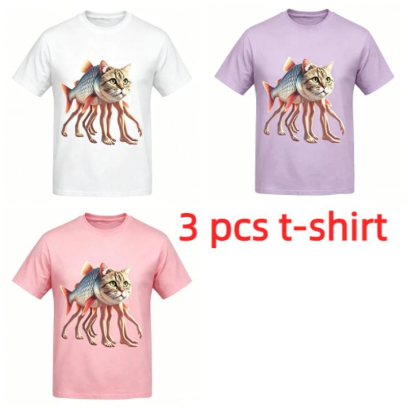 Funny Cartoon Fish Cat Monster Print Men's T-Shirts Summer Fashion Street Outdoor Casual T-shirt Tops for Men's and Women's Tees Top