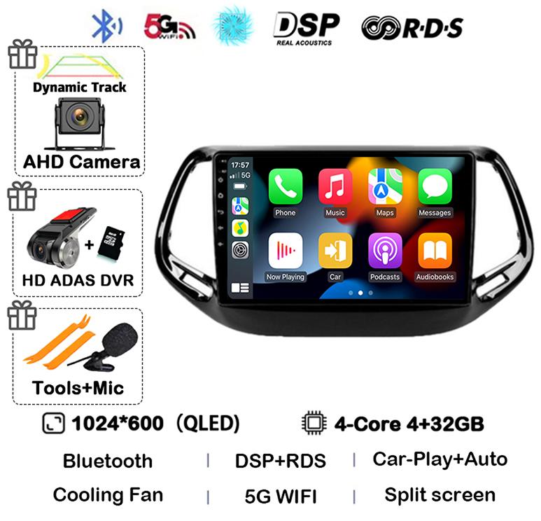 Android 14 Автомагнитола Carplay Auto для Jeep Compass 2017 2018 2019 GPS Навигация Стерео Мультимедийный Видеоплеер Камера 360 WIFI