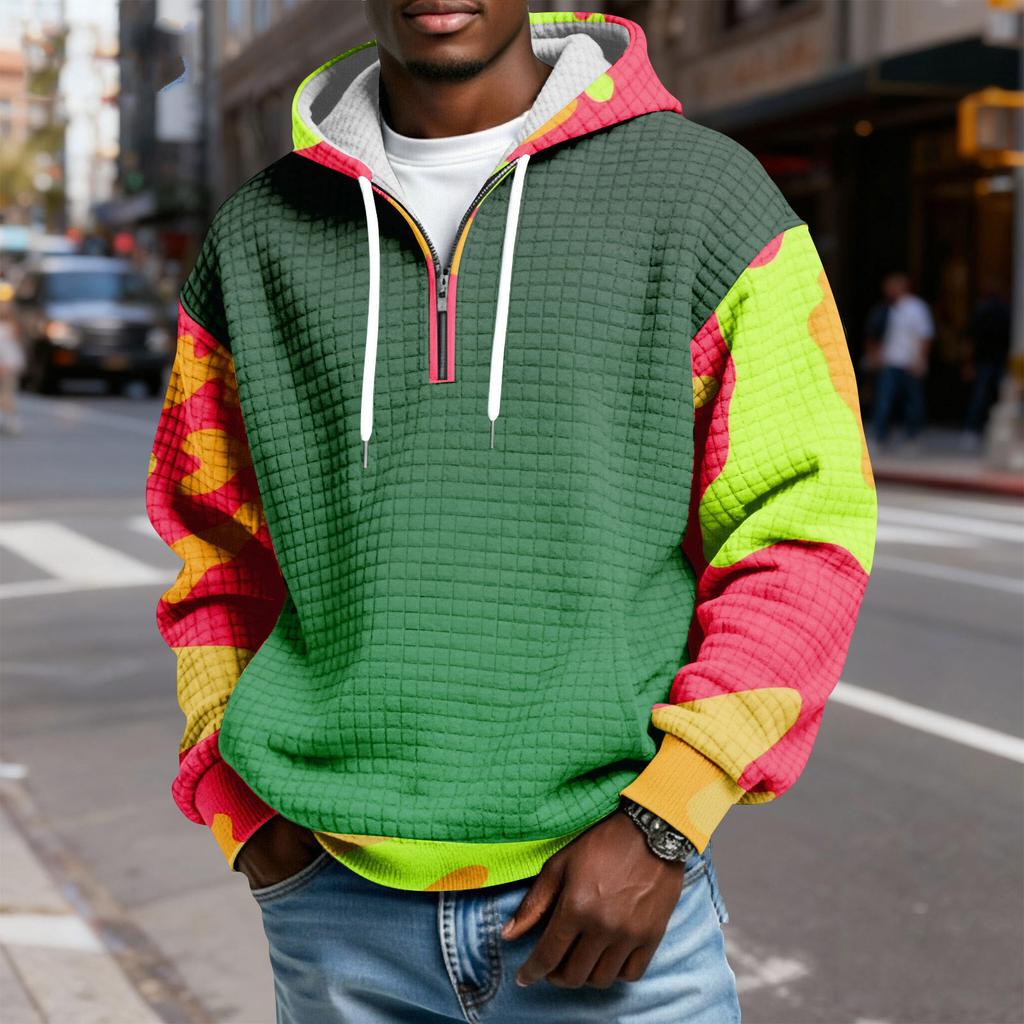 Мужской худи-пуловер в клетку с капюшоном на молнии до середины, со шнурком и принтом, повседневная спортивная толстовка