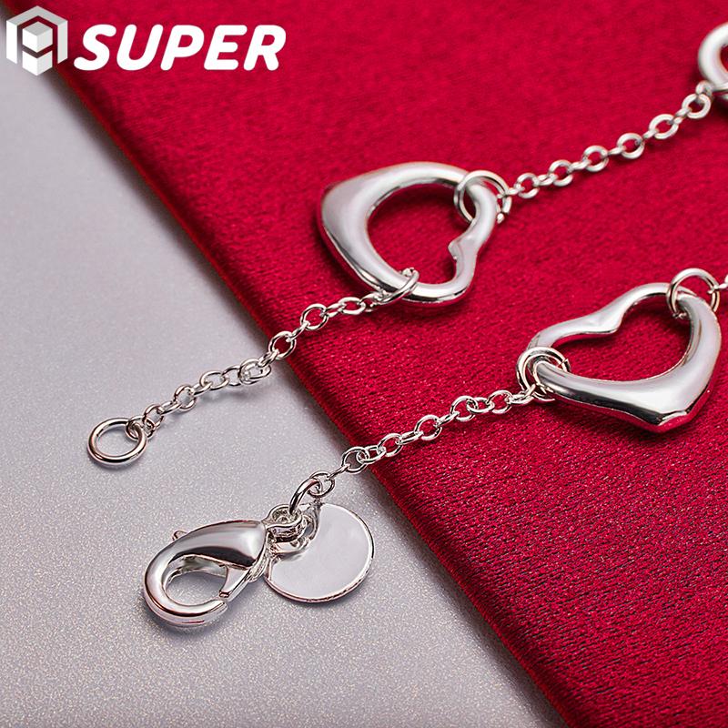 925 Sterling Silver Five Heart Chain Bracelet Jewelry