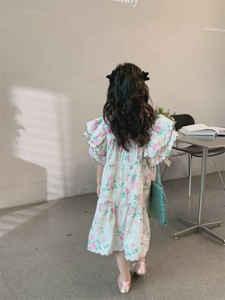 Корейское милое платье принцессы с цветочным принтом для девочек - летний стиль 2024 года