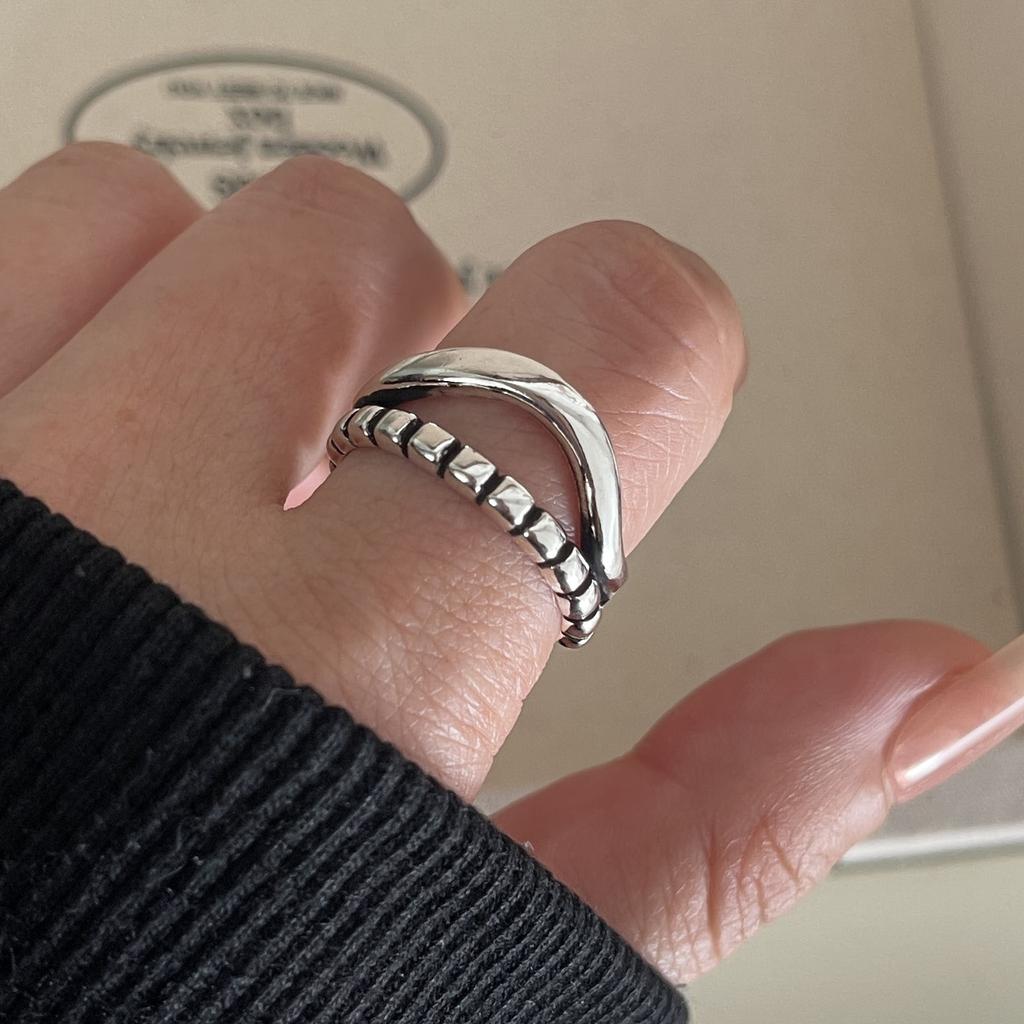 BF CLUB 925 Sterling Rings for Women Simple Geometric Handmade Irregular Retro Double Layered Dot Ring Allergy For Birthday Gift