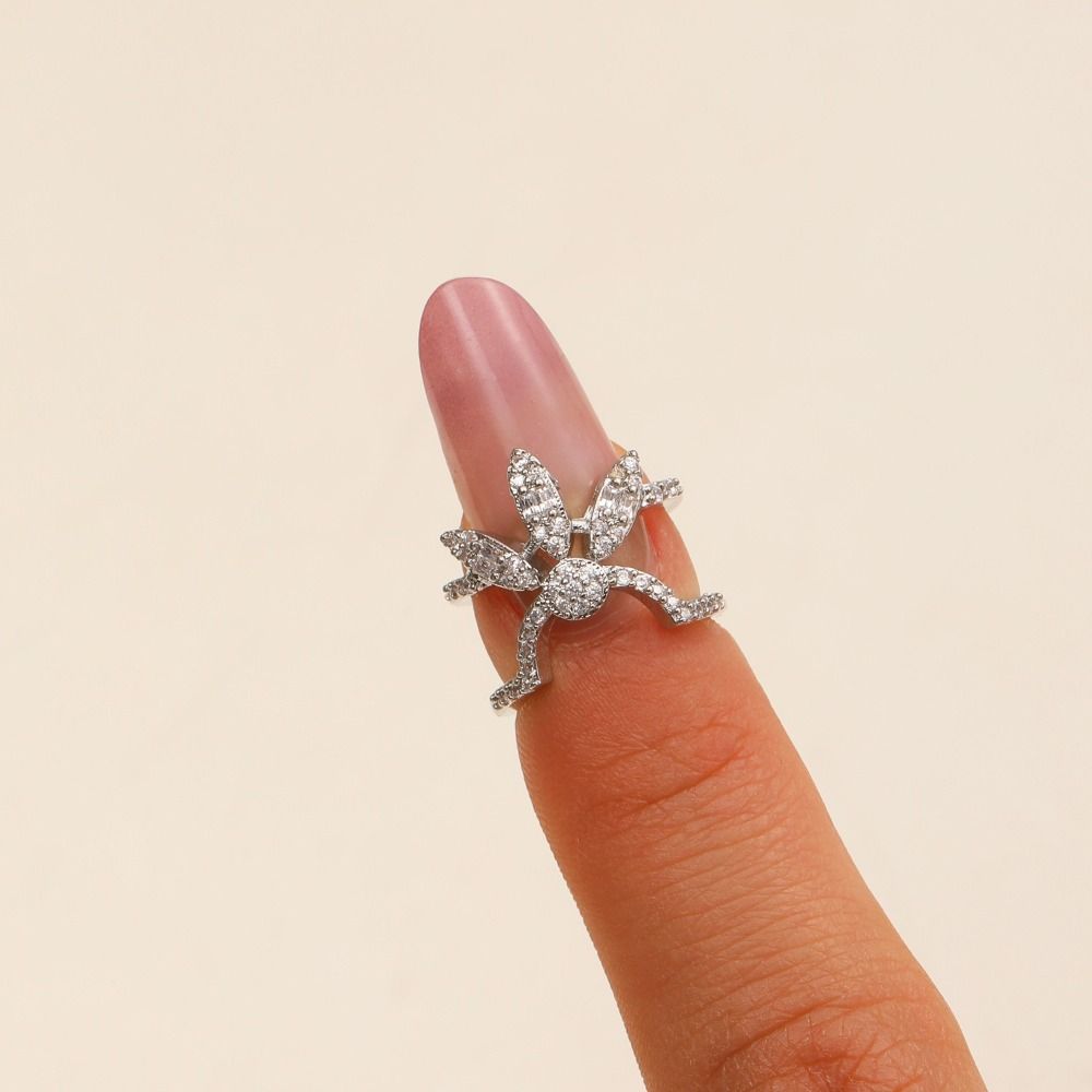 Metal Zircon NailCap Ring Silver Color Detachable Nail Ring Retro Sweet Nail Ring  Manicure