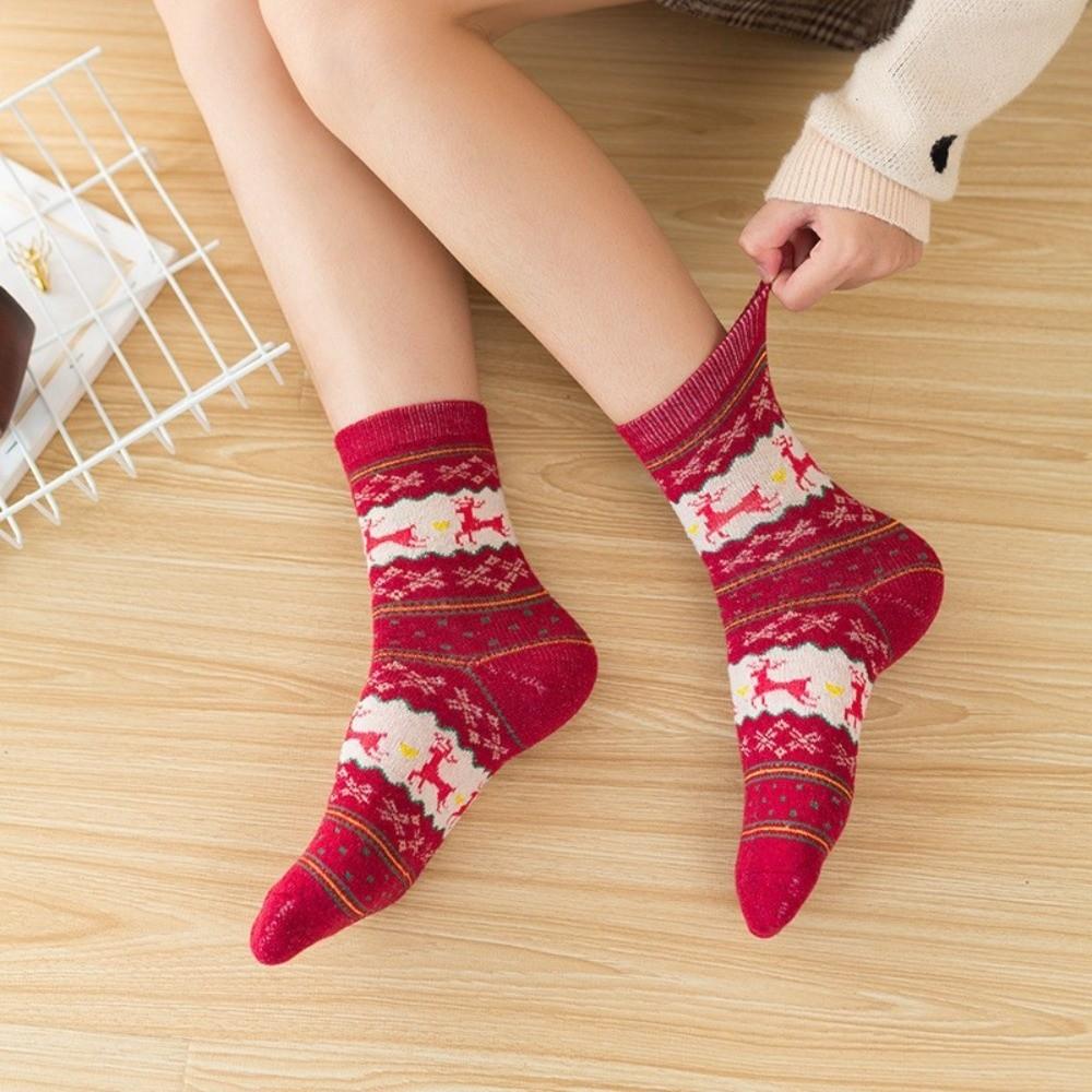 5pairs Wool Deer Knit Winter Socks Thickened Warm Mid-Calf Socks Christmas Reindeer Socks Autumn