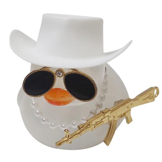 Duck Ornament Squeaky Car Dashboard Decoration Set Funny Yellow Duck Figure with Cowboy Hat Sunglasses Golden Chain Decor