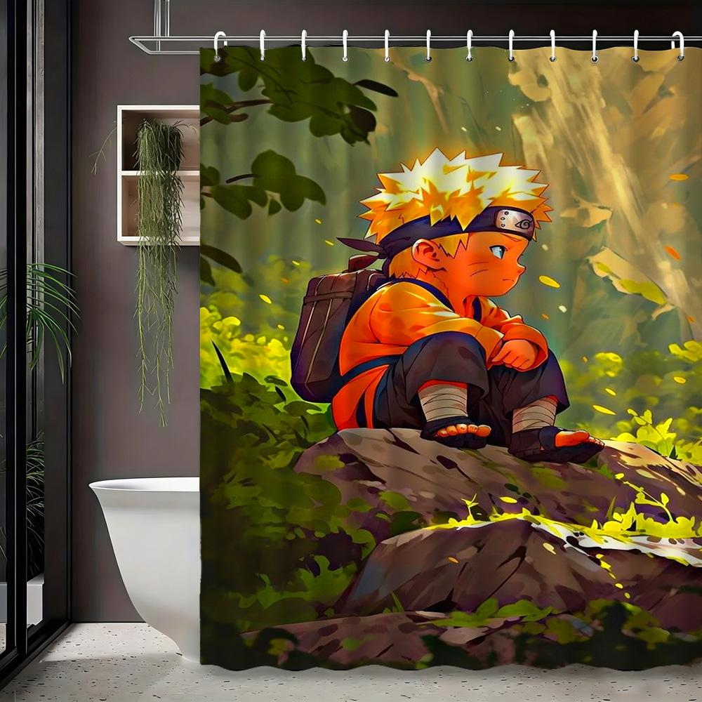 2D плотная шторка для душа с принтом Наруто Аниме Чиби Наруто Узумаки сидит на камне в лесу, водонепроницаемая, для декора ванной комнаты