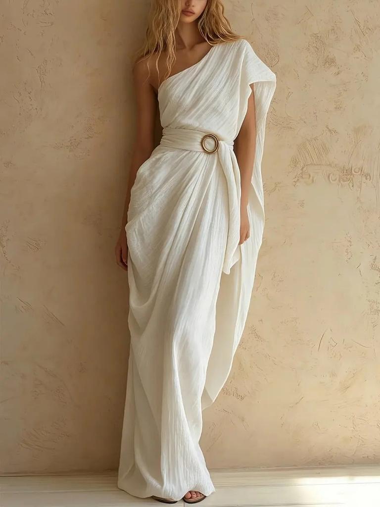 Весенне-летнее европейское и американское хлопково-льняное платье в греческом стиле, классическое, с плечевым ремнем, с неровным подолом