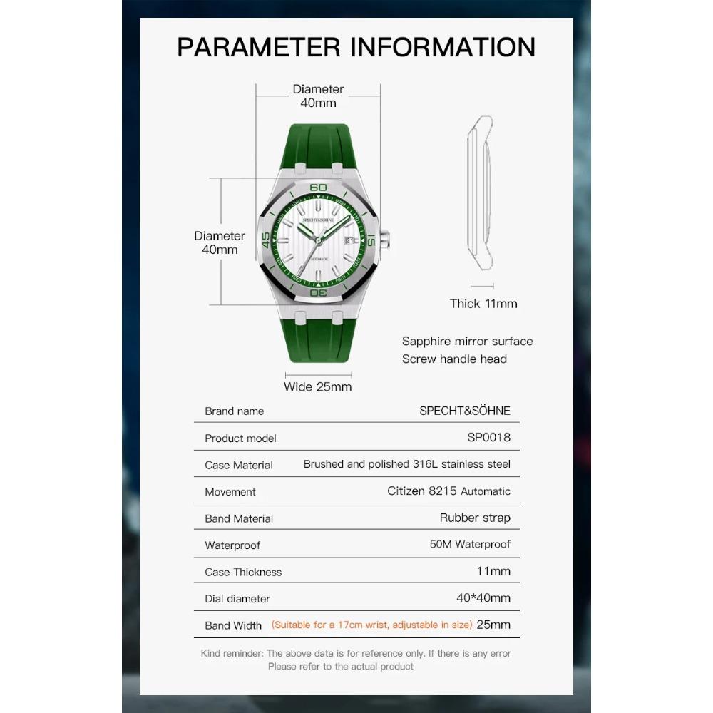 Новые Роскошные Автоматические Механические Часы Specht & Söhne Япония 8215 Механизм Часы из Нержавеющей Стали Сапфировое Стекло Водонепроницаемые 40 мм