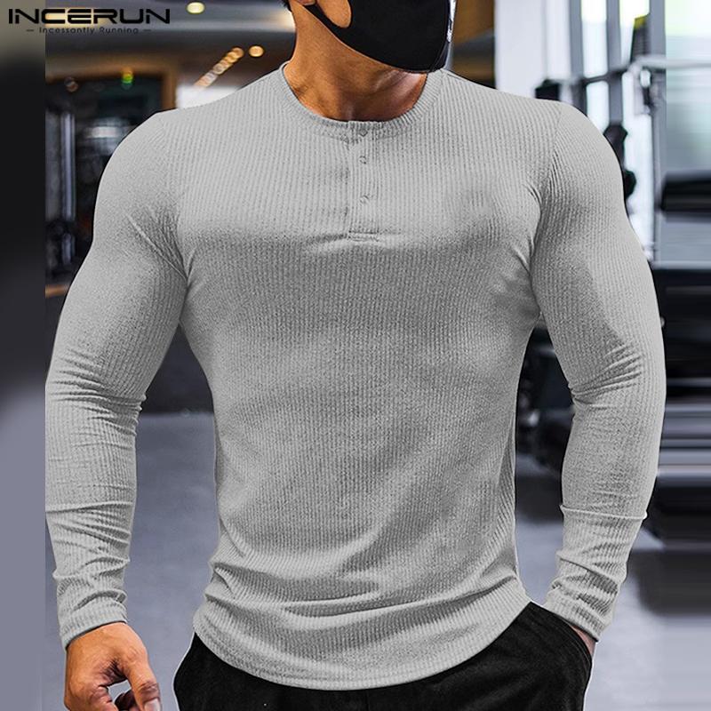 INCERUN Мужские повседневные облегающие топы с круглым вырезом и длинным рукавом в рубчик, футболки, майки