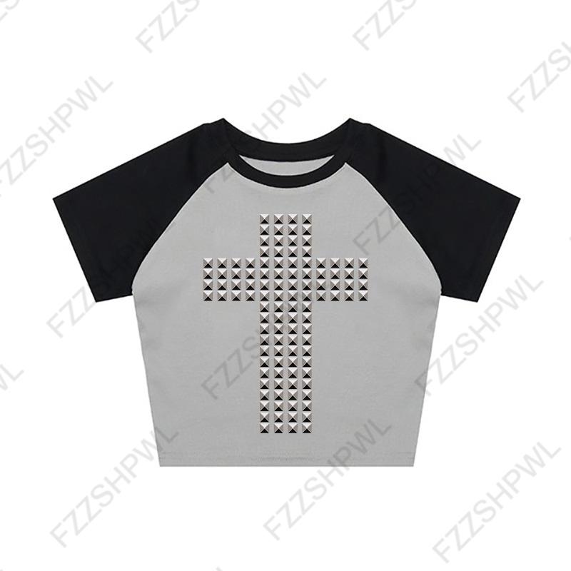 VAYLA Готическая Панк Рок Хип Хоп Женская Футболка с Коротким Рукавом Сексуальная Приталенная Шикарная Повседневная Базовая Металлический Декор Кроп-топы Y2K Эмо Одежда для Девушек