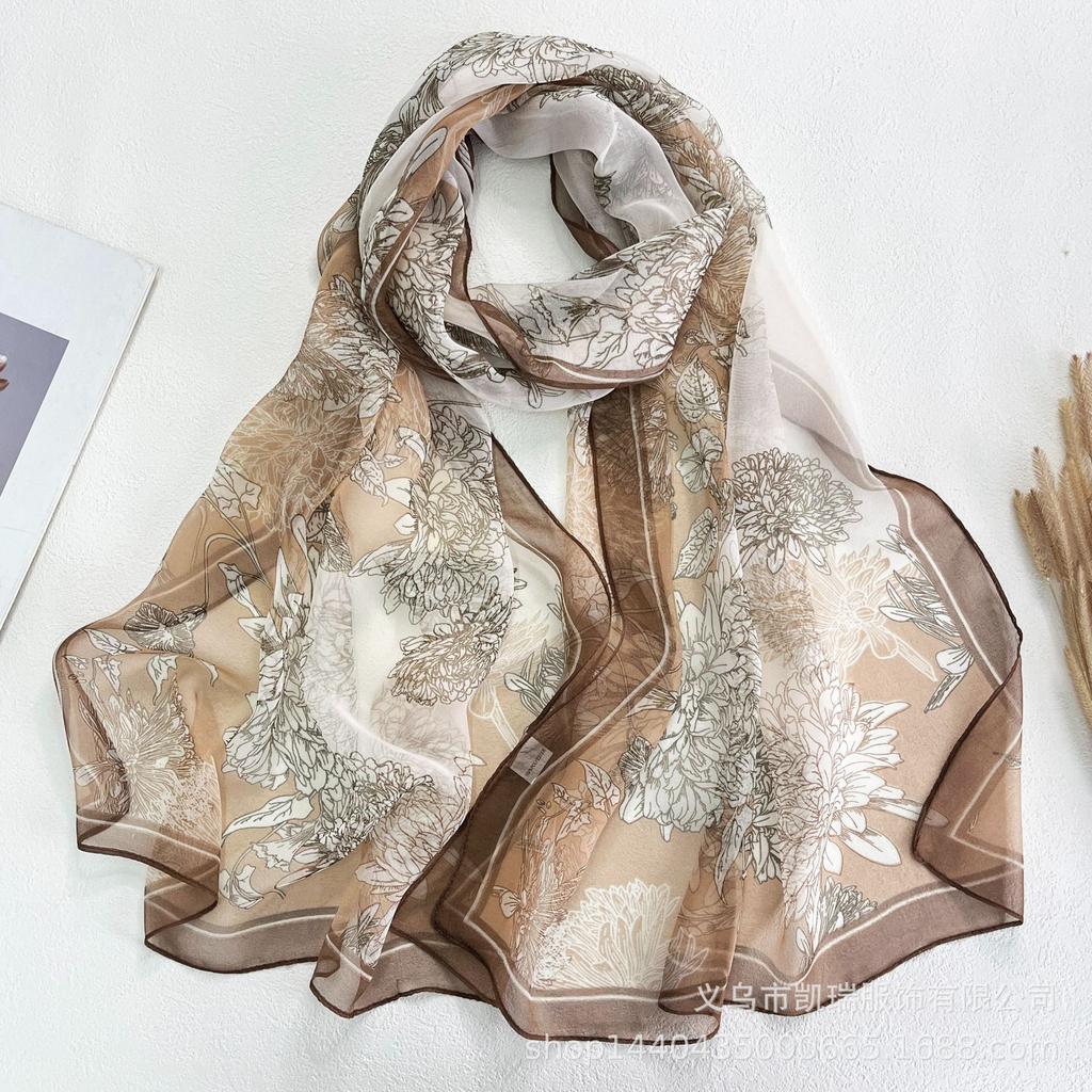 Новый длинный шелковый шарф с солнцезащитным кремом, тонкий искусственный шелк, весенне-летний женский шарф с принтом и украшением из жоржета