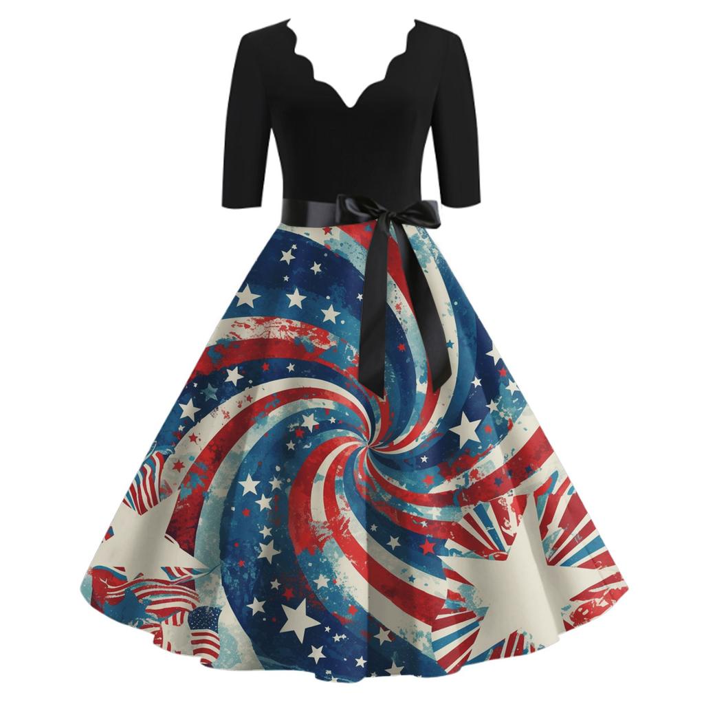 Женское повседневное и модное платье Independent Day с принтом, V-образным вырезом и поясом на талии с семью точками