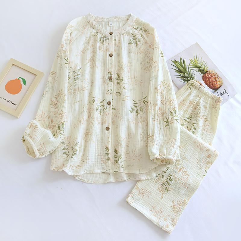 Весенне-осенний женский пижамный комплект из 100% хлопкового крепа с длинными рукавами и длинными брюками, комплект из двух предметов, воротник-стойка, домашняя одежда