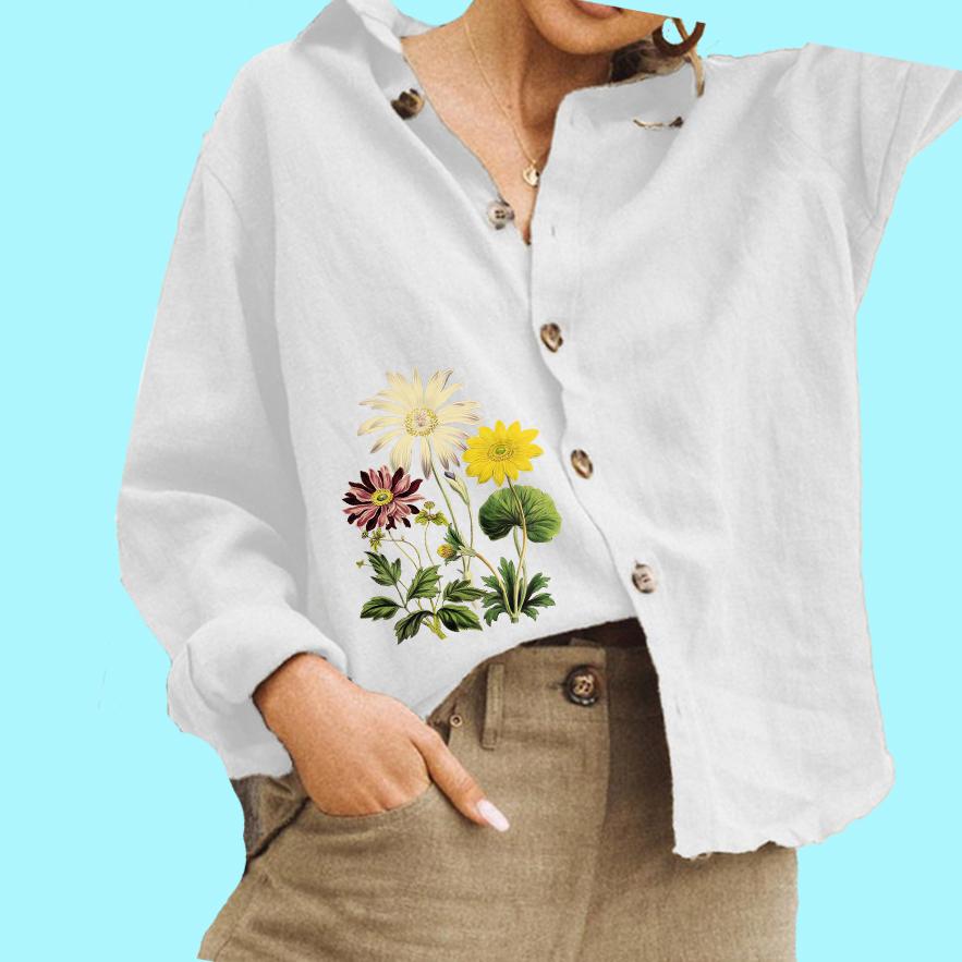 Женская модная блузка с цветочным принтом, женская хлопковая льняная рубашка с длинным рукавом и застежкой на пуговицы