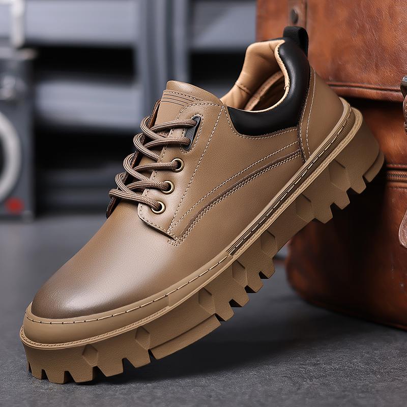 Мужские оксфорды на шнуровке, модная повседневная обувь с круглым носком, толстая подошва, кожаные туфли на плоской подошве, мужские уличные деловые туфли