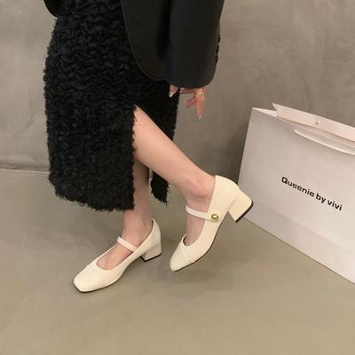 Туфли Мэри Джейн на грубом каблуке, женские туфли, новинка 2025 года, французский средний каблук, вечерние черные туфли с квадратной головкой, маленькие кожаные туфли