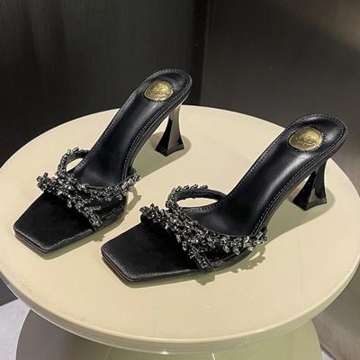 Модные Роскошные Хрустальные Перекрещенные Дизайнерские Шлепанцы Женские Модные Квадратный Носок Открытый Носок Сандалии-Слайдеры Элегантные Банкетные Туфли