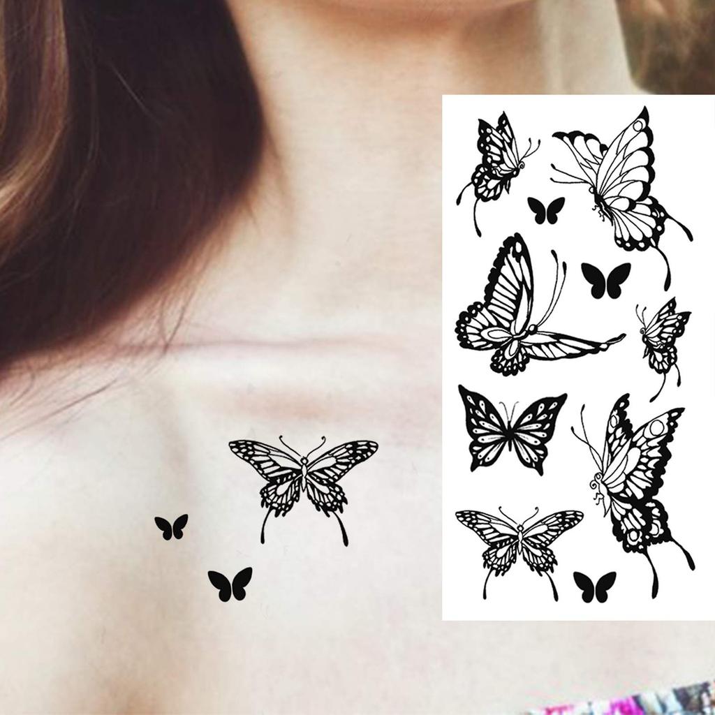 1 Sheet Black Butterfly Temporary Tattoos For Women Adults Fake Water Transfer Letter Tattoo Sticker Neck Hands