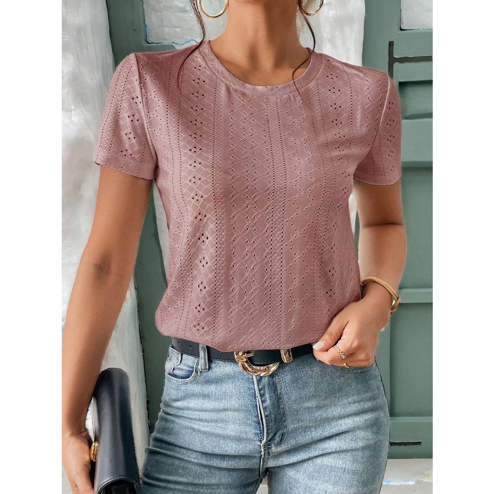 Frenchy Solid Eyelet Вышивка Круглый вырез Белая футболка Commute Минималистичный Офис Old Money Simple Commute Минималистичный Офис Old Money Simple