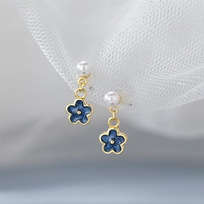 Mini Cute Sweet 925 Sterling Silver Pearl Blue Flower Gold Color Stud Earrings for Woman Korean Piercing Jewelry Accessory Gifts