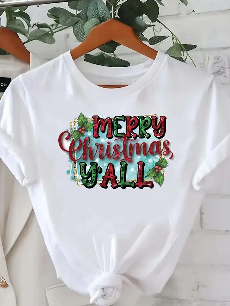(Asian Size) Tree Lovely Style Cute New Year Tee Merry Christmas Festival O-neck Clothing Women's Top T Print Fashion Ladies Graphic T-shirts