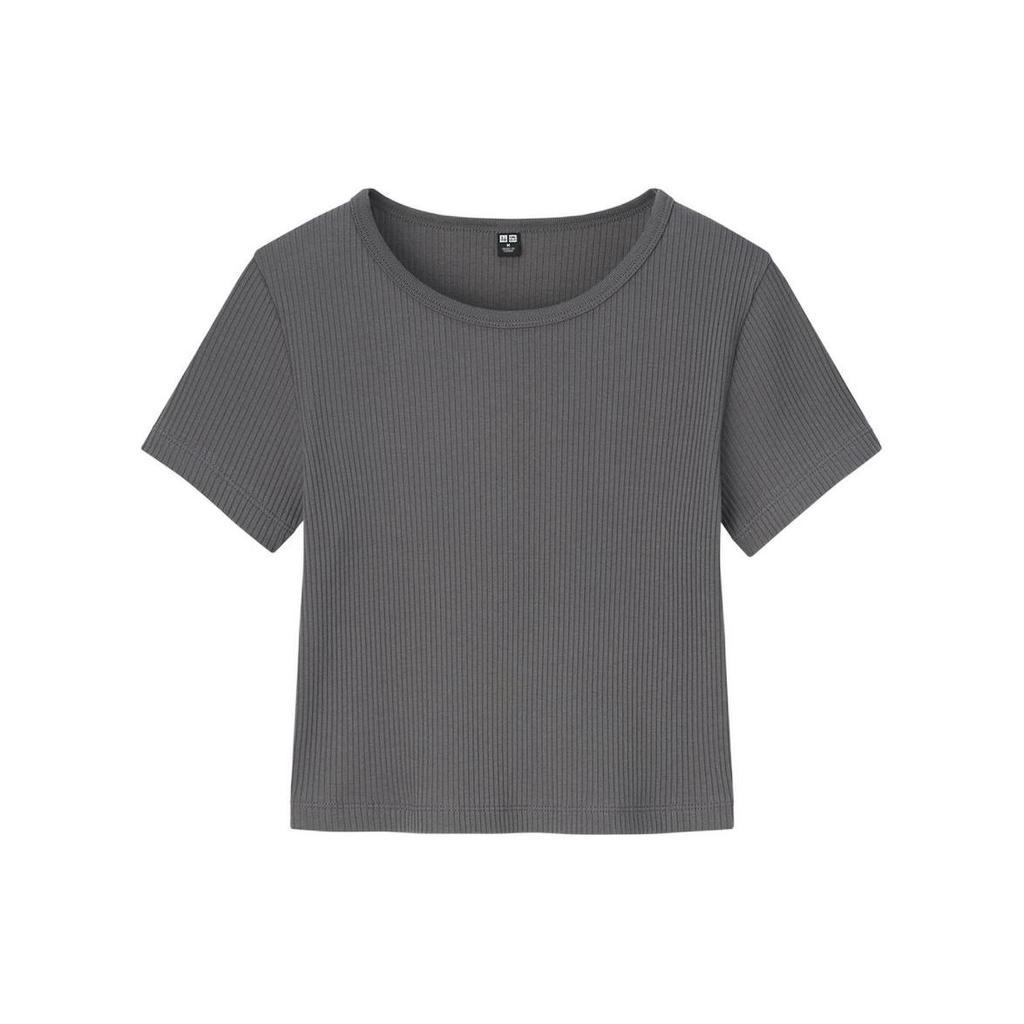 Uniqlo Однотонная футболка с круглым вырезом и короткими рукавами в рубчик Женские топы Светло-серый 446802-07