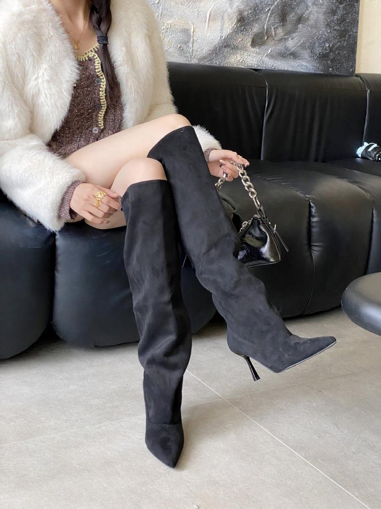 Осень-зима 2025 новый европейский и американский заостренный носок тонкий каблук высокий каблук темперамент французская мода сексуальный широкий голенище штаны