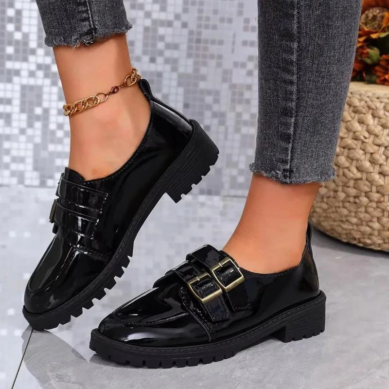 High-heeled Shoes Loafers for Women Thick Heels Thick Soles Double Buckles Women's Casual Low-top Shoes 2024 New Large Size