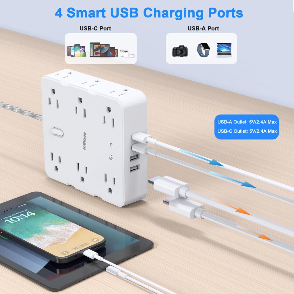 Сетевой удлинитель с розетками переменного тока (вилка США), многопортовый, шнур 5 футов, электрическая розетка, умный USB, для офиса, дома, сетевой фильтр, защита от перенапряжения