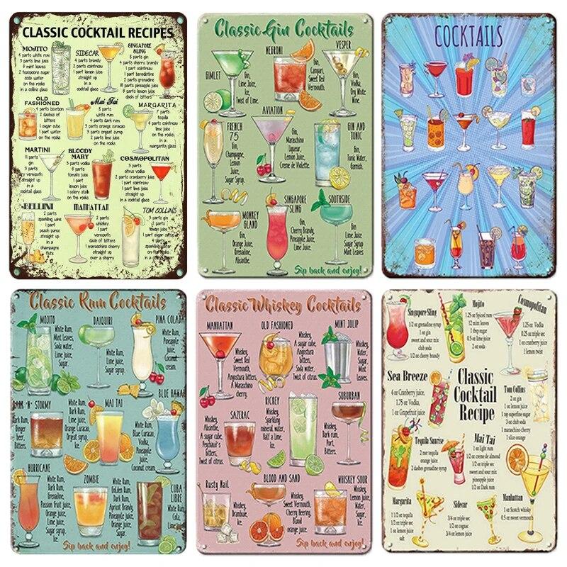 Retro Vintage Cocktail Recipe Tin Signs Metal Vintage Plaque Beer Metal Plate Decorative Plaque For Bar Pub Man Cave Wall Decor