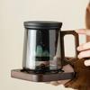 Glass Teacup 450ml with Tea Leakage Tea Cup Mat, Heat Resistant Glass Separate Tea Brewing Anti Scalding Wooden Handle