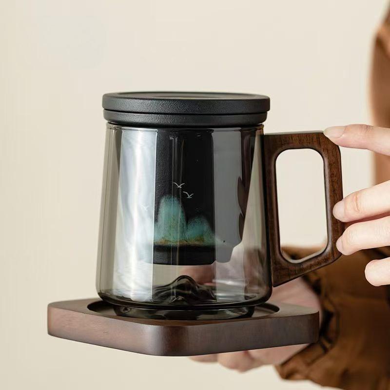 Glass Teacup 450ml with Tea Leakage Tea Cup Mat, Heat Resistant Glass Separate Tea Brewing Anti Scalding Wooden Handle