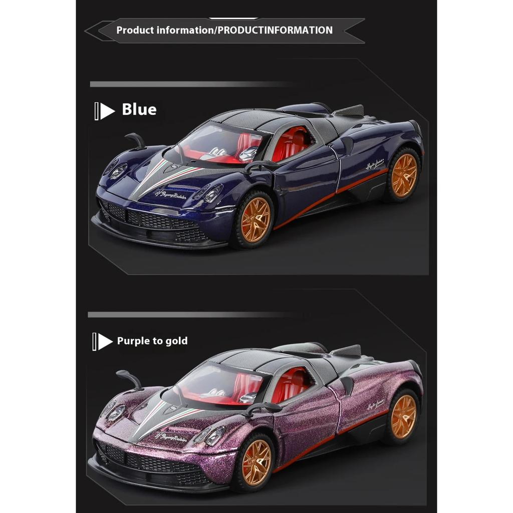 Масштаб 1/32 Суперкар Pagani Huayra BC Металлическая литая модель автомобиля Библиотека Статическая Звук и свет Украшения Подарок на день рождения для парня