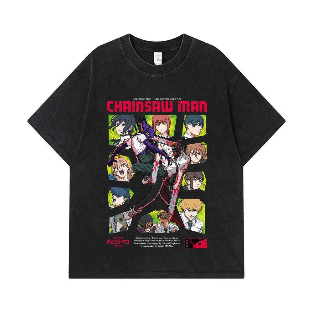 275 GSM Washed T-shirts 100% Cotton Chainsaw Man V17 Reze Arc Print Unisex Heavy Cotton T Shirt