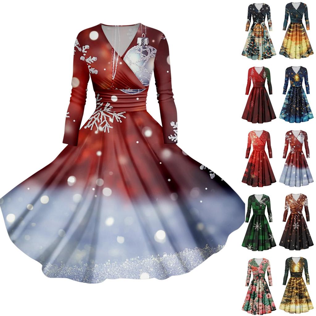 Женское облегающее платье свободного кроя с принтом рождественской елки и снежинок, V-образным вырезом и длинными рукавами