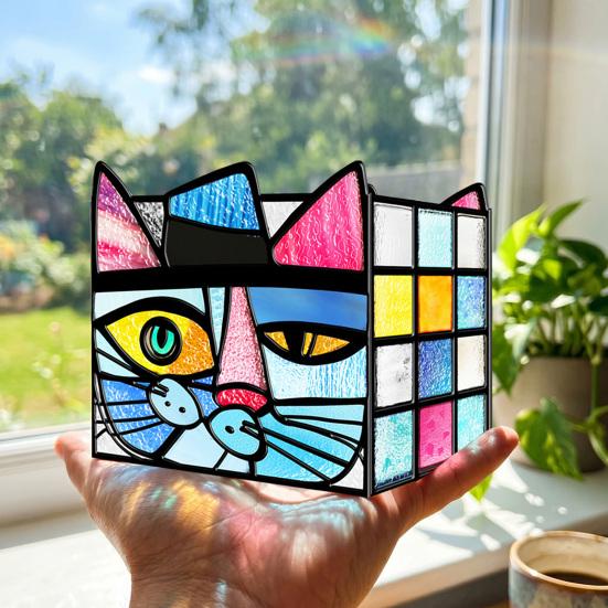 Милая Кошка Рисунок Стакан для Ручек Витражный Стиль Держатель, Уникальный Акриловый Настольный Органайзер, 3D Декоративный Цветочный Горшок Рельефный Плантер для Суккулентов