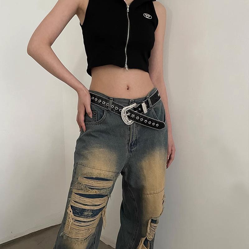 Y2K Women Fashion Solid Print Studded Full Rhinestone Belt Pu Leather Bling Crystal Adjustable Glitter Waistband For Club Party