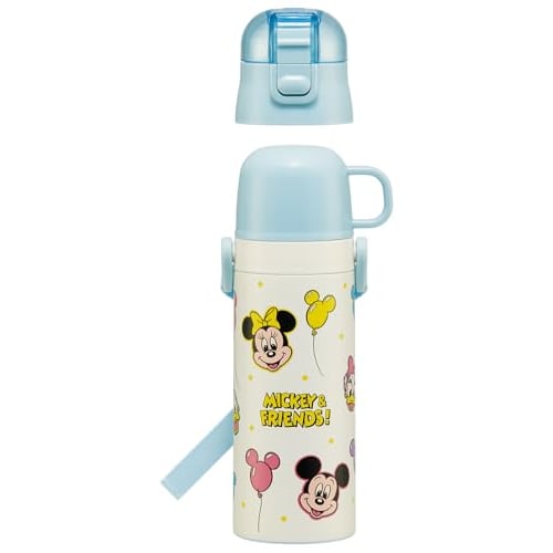 Skater Children's Water Bottle, 2-Way, 470ml (Direct Drinking) or 430ml (Cup Drinking), Disney Mickey & Friends Balloon Design, Stainless Steel, Insul