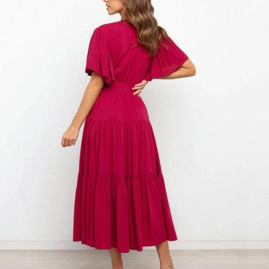 Женское летнее платье миди с v-образным вырезом и короткими рукавами, пояс с высокой талией и рюшами, однотонное платье трапециевидной формы, уличная одежда