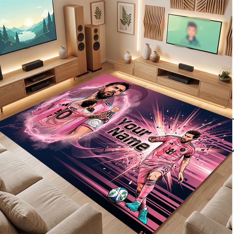 Lionel Messi Custom Crystal Velvet Rug, Personalized Name Text Print, Football Logo Soft Non‑Slip Floor Mat Home Decor Gift