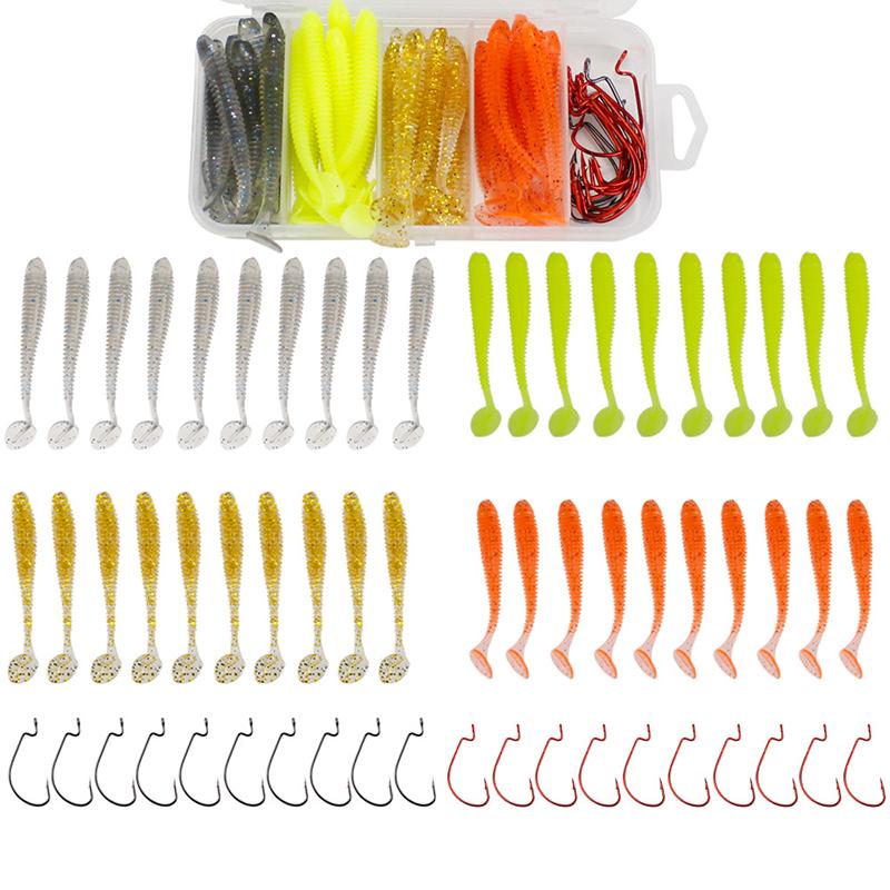 60 шт. T-Tail Road Runner Мягкая наживка с кривошипным крючком Комбинированный набор Поддельные наживки Набор рыболовных снастей