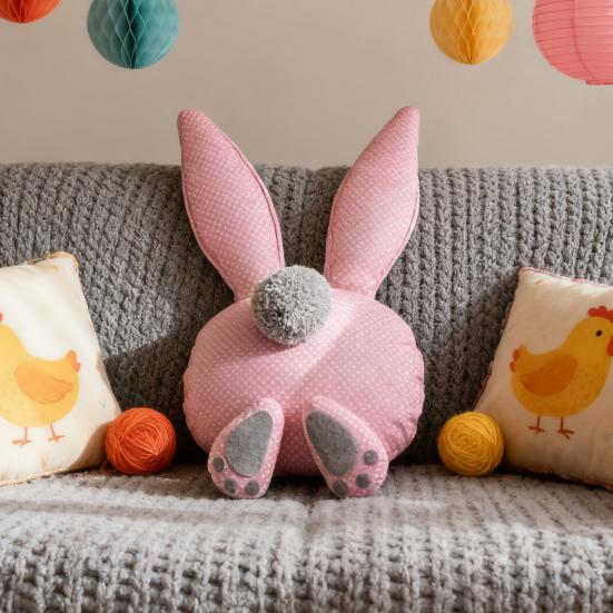 Пасхальная подушка в виде розового зайчика, подушка-зайчик с длинными ушами, пушистым хвостиком, милыми лапками, в горошек, мягкая игрушка-кролик, декоративная подушка для дома, дивана, кушетки, автомобиля