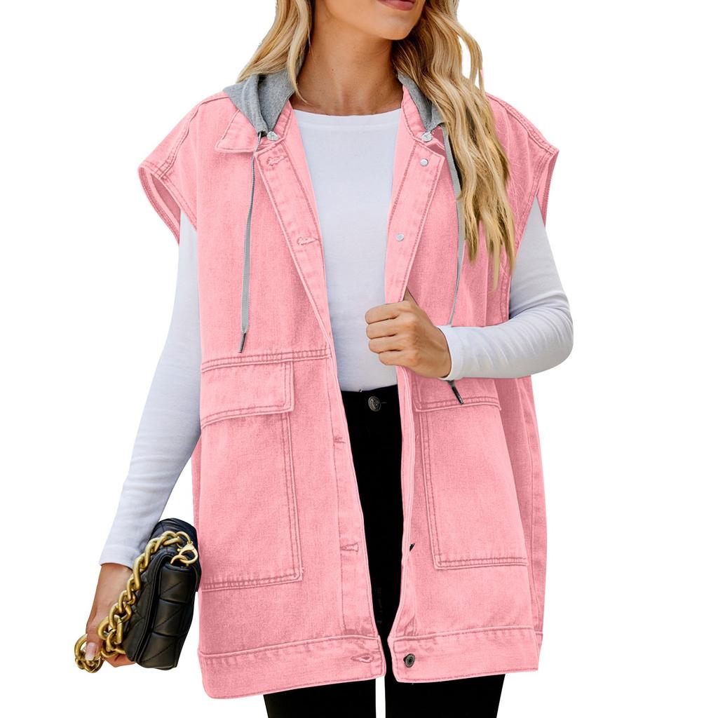 Женская повседневная свободная винтажная джинсовая жилетка с капюшоном