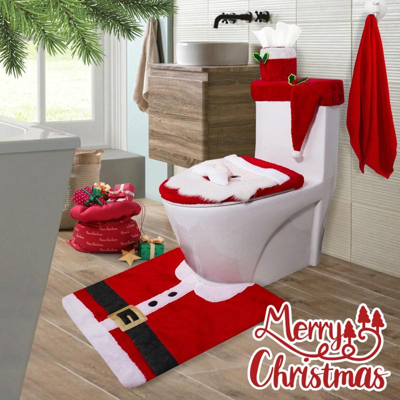 Christmas Toilet Seat Cover 5-Piece Set Festive Bathroom Decor Santa Claus Themed