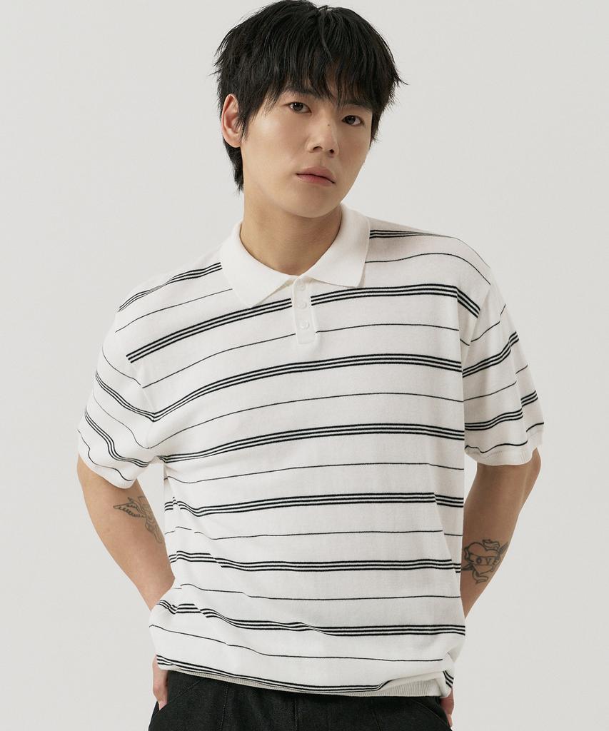 GNOK Striped Henley Neck Short Sleeve Knit [4 Colors]