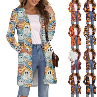 Женский модный повседневный удобный кардиган средней длины с принтом на Хэллоуин и карманами